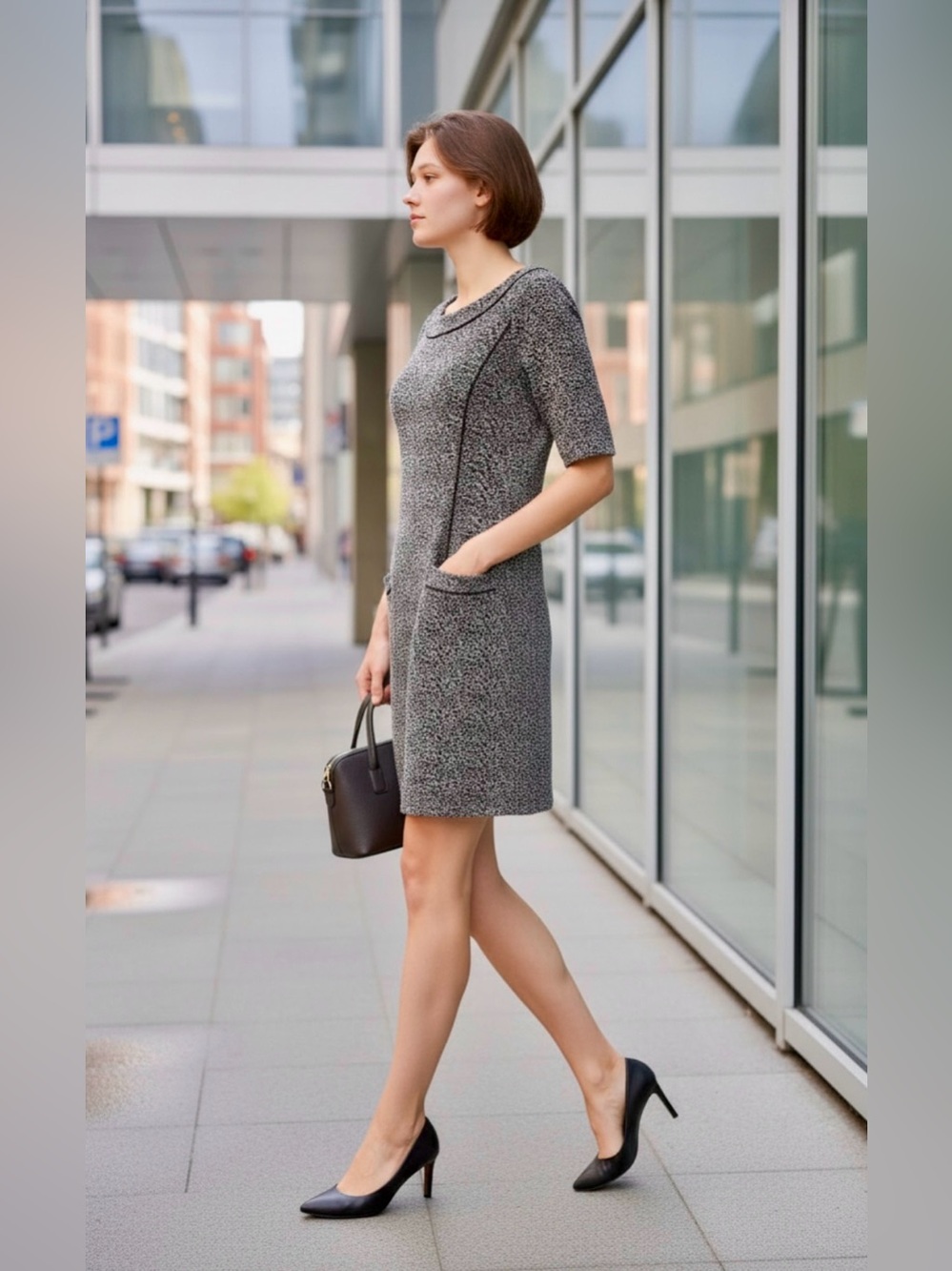 WHBM Black Tweed Side Pockets Midi Dress Size 10